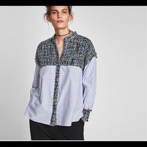 Tweed-Trim Striped Button-Up Shirt